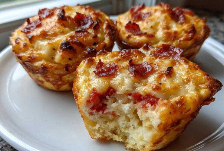 Three golden-brown pizza muffins on a white plate, one with a bite taken out showing the soft interior.