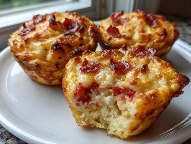Three golden-brown pizza muffins on a white plate, one with a bite taken out showing the soft interior.