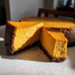 Two thick slices of rich, orange pumpkin cheesecake with a dark chocolate crust displayed in front of the whole pumpkin cheesecake.