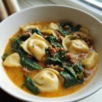 Close-up of a white bowl filled with creamy, orange-hued ravioli soup, featuring tortellini, ground meat, and wilted spinach.