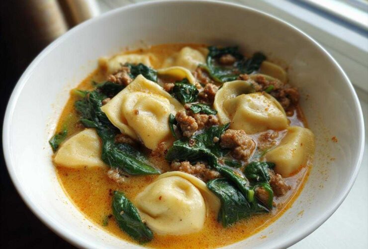 Close-up of a white bowl filled with creamy, orange-hued ravioli soup, featuring tortellini, ground meat, and wilted spinach.
