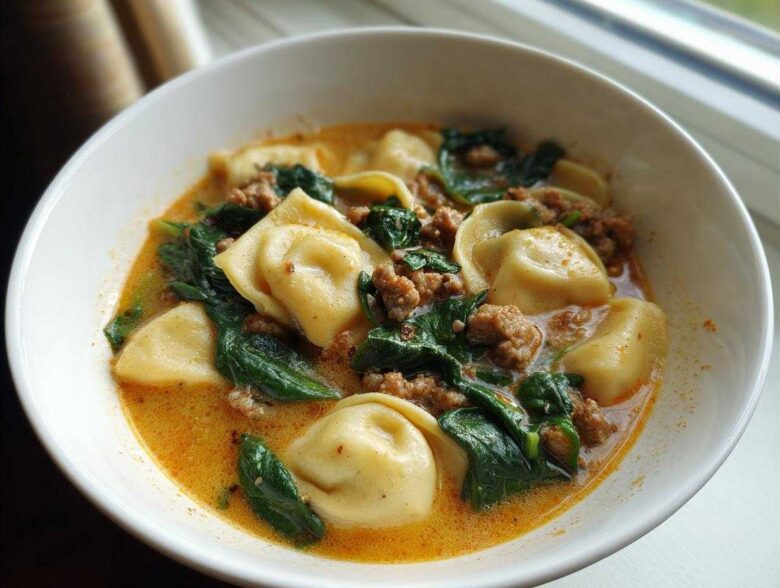 Close-up of a white bowl filled with creamy, orange-hued ravioli soup, featuring tortellini, ground meat, and wilted spinach.
