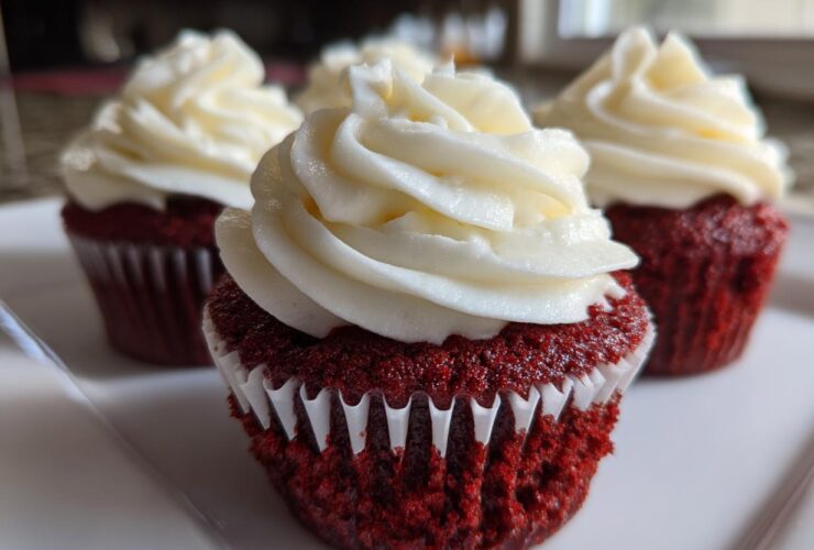 Close-up of three moist red velvet cupcakes topped with thick swirls of cream cheese frosting.
