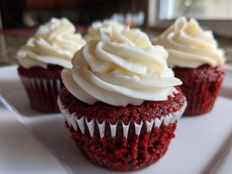 Close-up of three moist red velvet cupcakes topped with thick swirls of cream cheese frosting.