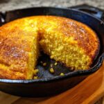 Close-up of golden brown skillet cornbread with a slice removed, showing its moist texture.