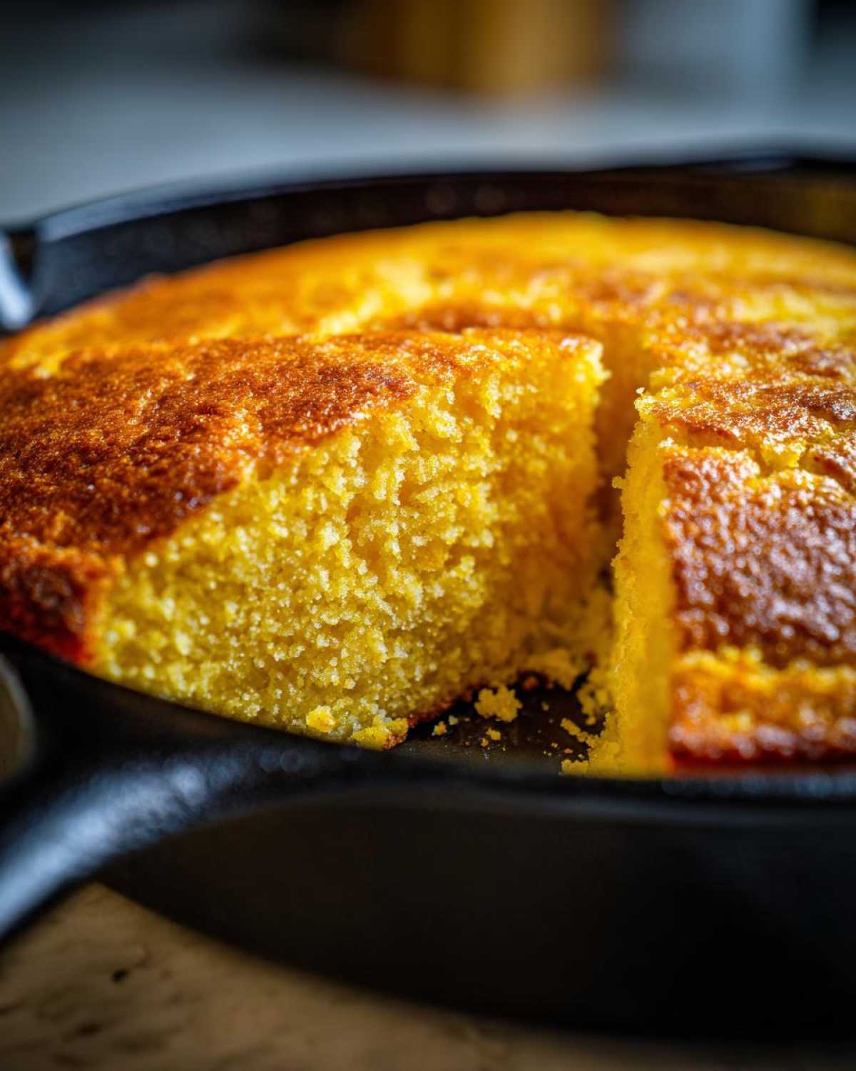 Close-up of a slice cut from golden brown skillet cornbread in a black cast iron pan, showing moist texture.