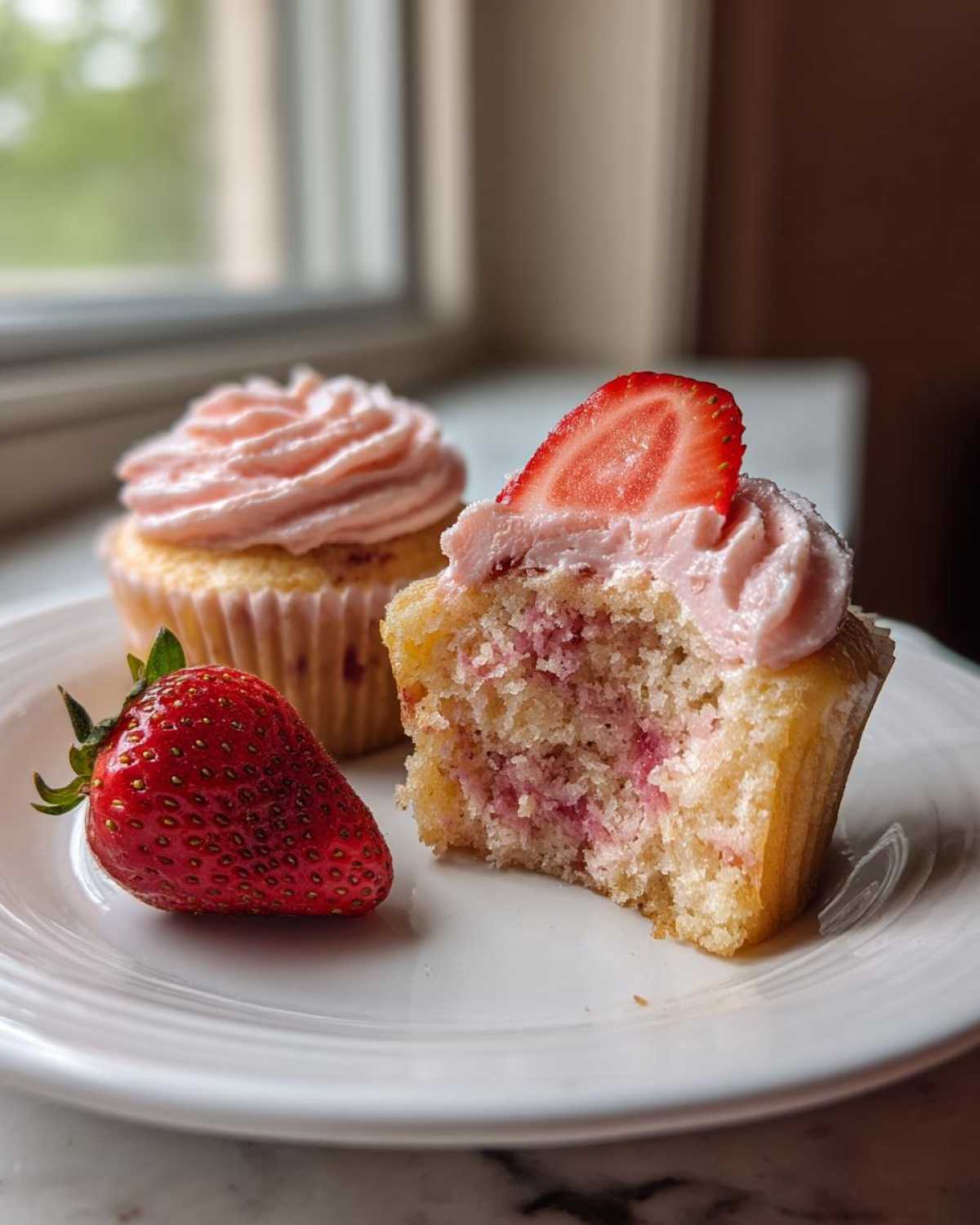 A close-up of amazing strawberry cupcakes, one bitten into showing the pink interior, next to a whole strawberry.