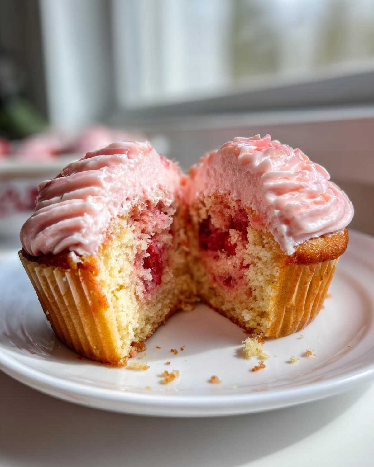 A close-up of amazing strawberry cupcakes cut in half, showing the moist interior and pink strawberry frosting.