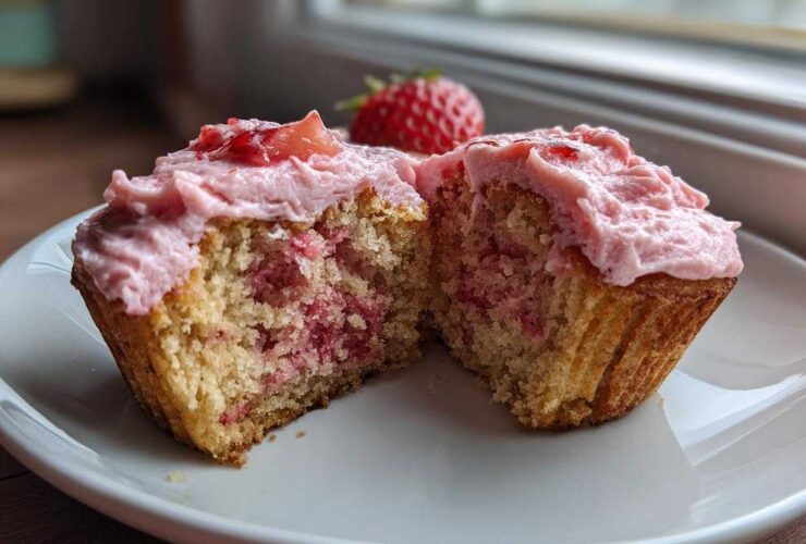 A strawberry cupcake cut in half showing the moist interior with strawberry pieces and pink frosting.