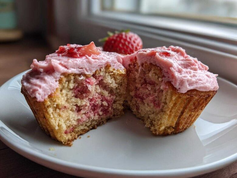 A strawberry cupcake cut in half showing the moist interior with strawberry pieces and pink frosting.