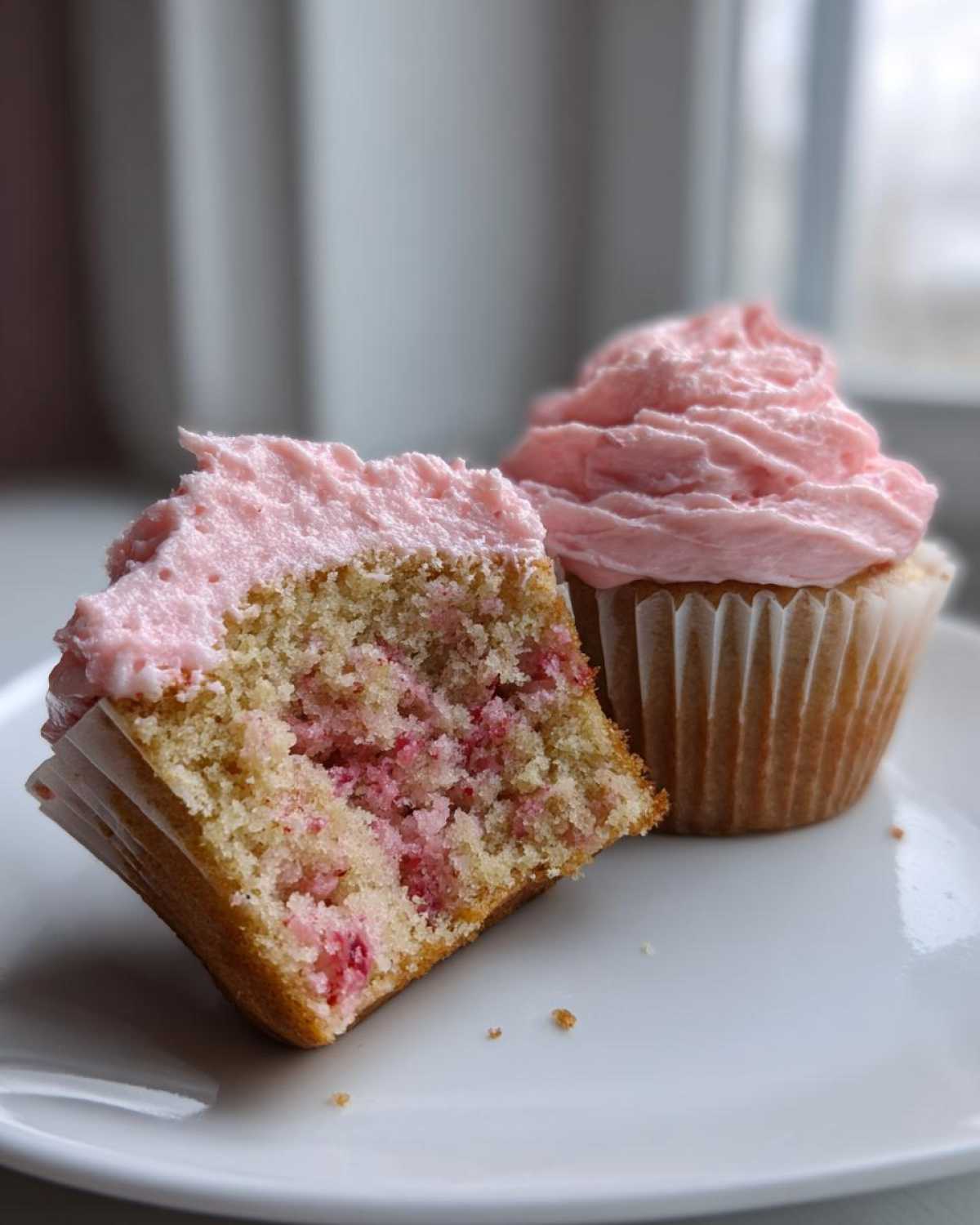 Close-up of amazing strawberry cupcakes, one cut in half showing the pink fruit baked into the moist cake, topped with pink frosting.