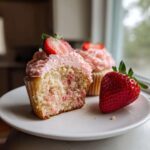 A close-up of amazing strawberry cupcakes, one cut in half showing the pink flecks in the cake, topped with pink frosting and a strawberry slice.