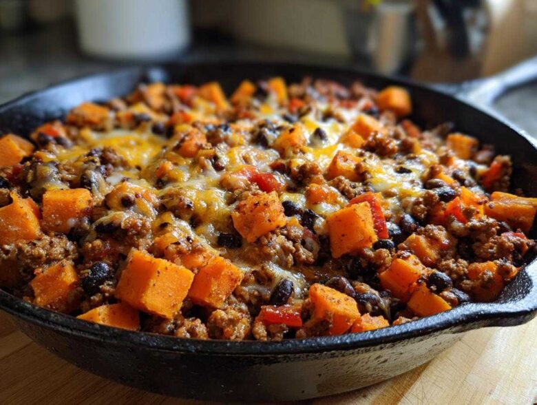 Close-up of a savory sweet potato skillet featuring ground meat, black beans, and melted cheese in a cast iron pan.