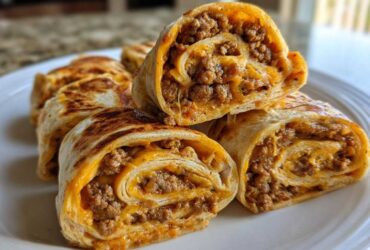 Close-up of several baked taco pinwheels showing the swirl of seasoned ground beef and melted cheese filling.