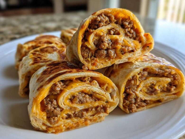 Close-up of several baked taco pinwheels showing the swirl of seasoned ground beef and melted cheese filling.