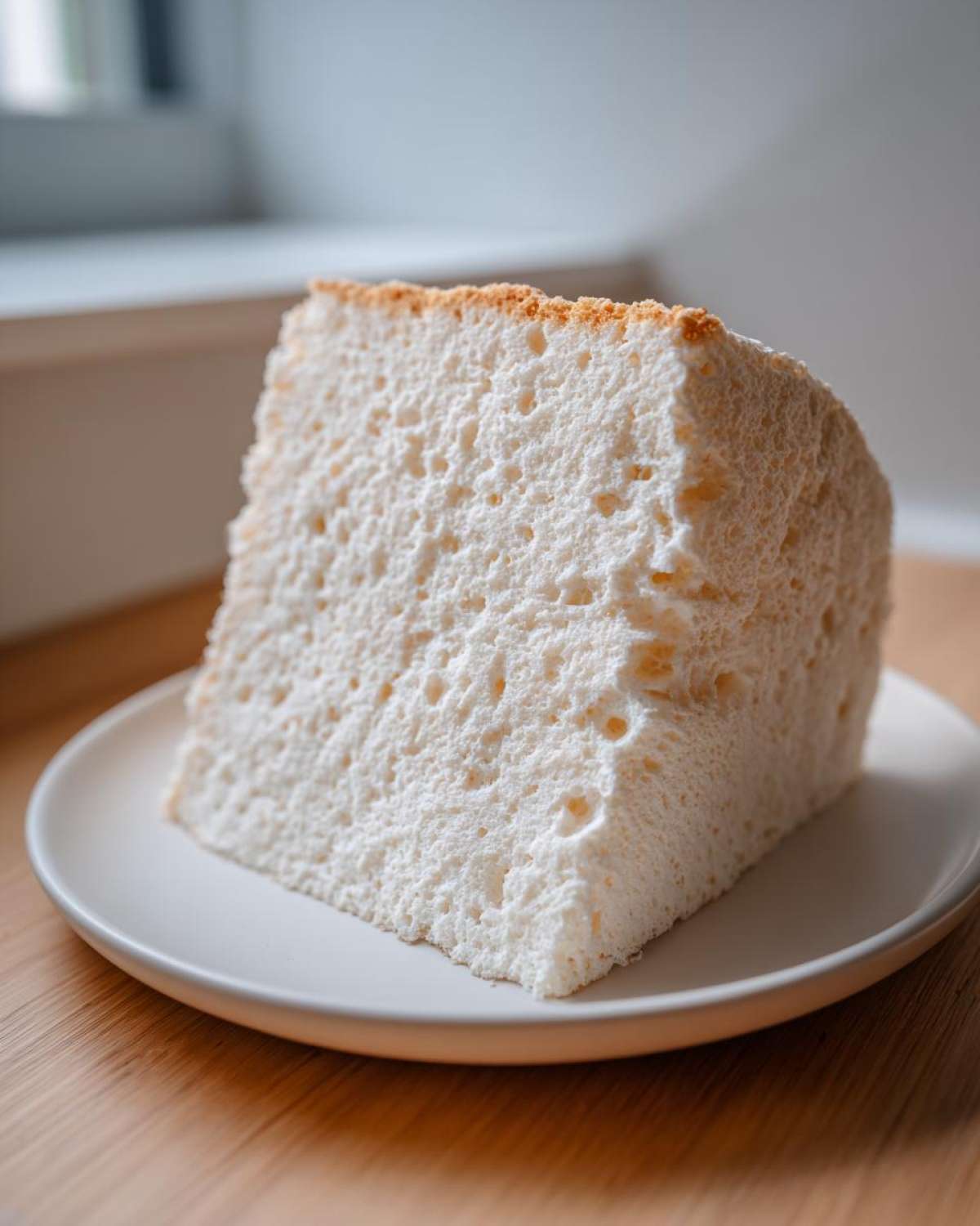 A close-up view of a perfectly baked slice of angel food cake showing its airy, white, spongy texture.