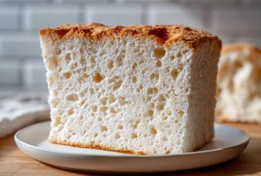 Close-up of a tall, square slice of angel food cake showing its airy, white crumb structure.