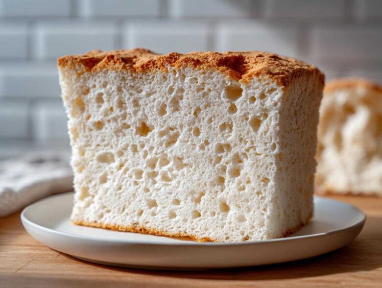 Close-up of a tall, square slice of angel food cake showing its airy, white crumb structure.