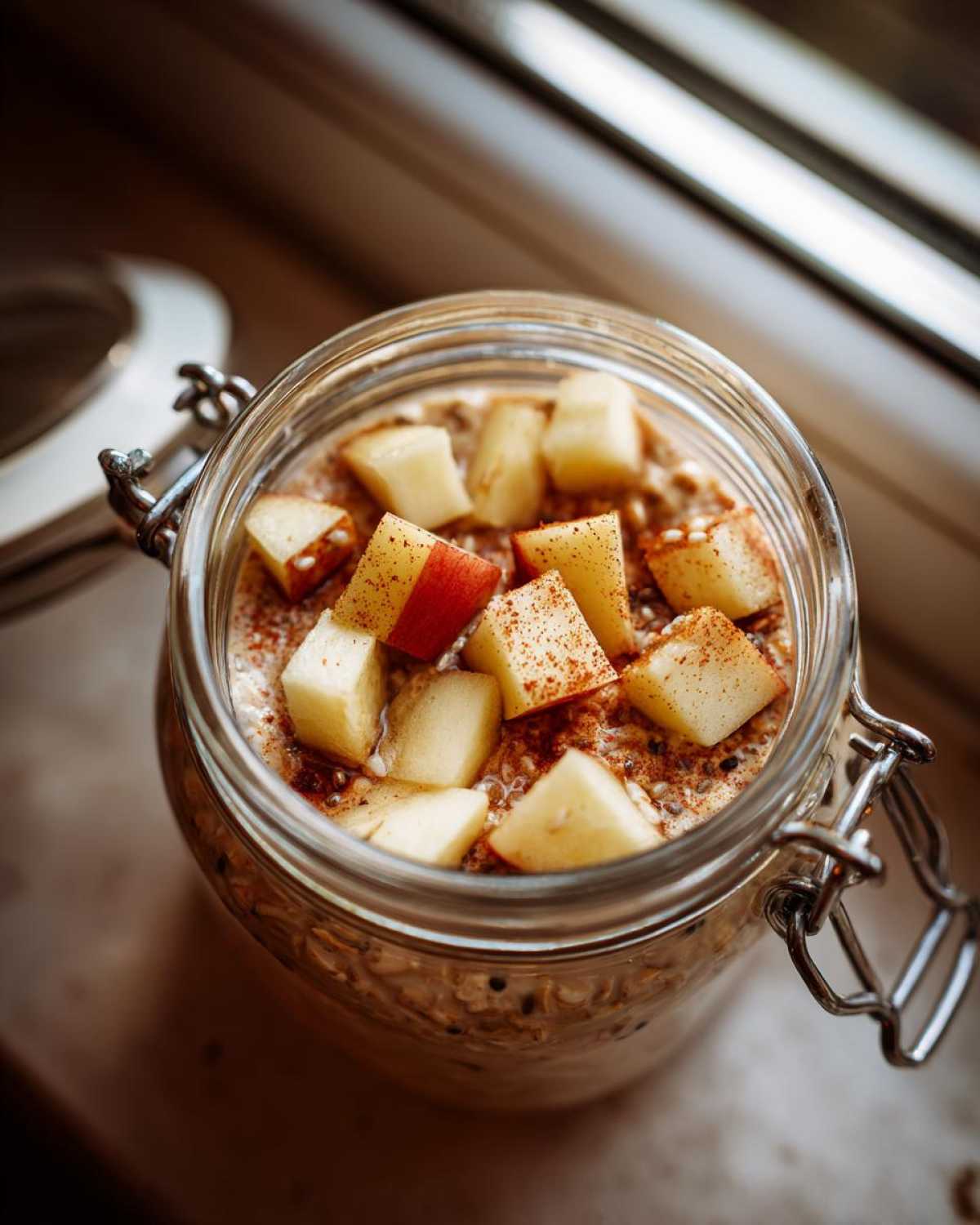 Overhead view of apple cinnamon overnight oats in a glass jar, topped with diced apples and cinnamon.