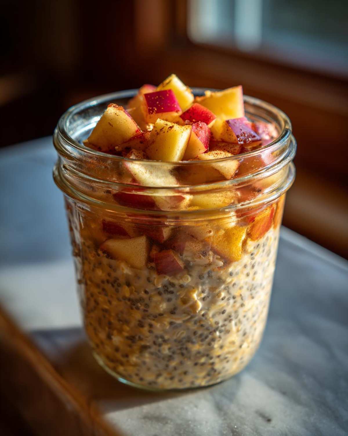 Close-up of apple cinnamon overnight oats in a glass jar, topped with diced red apples and cinnamon.
