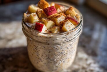 Close-up of apple cinnamon overnight oats in a glass jar, topped with diced apples and cinnamon.