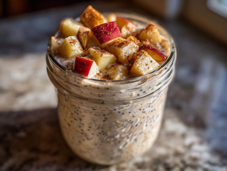 Close-up of apple cinnamon overnight oats in a glass jar, topped with diced apples and cinnamon.
