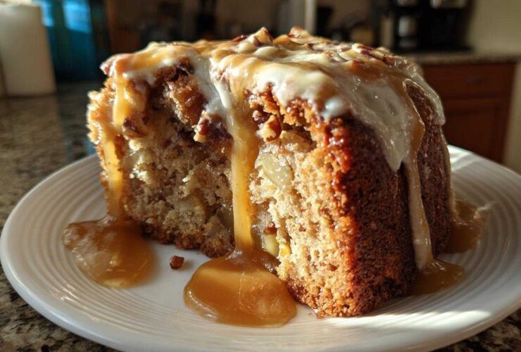 A close-up of a moist slice of apple dapple cake topped with white icing and dripping caramel sauce.