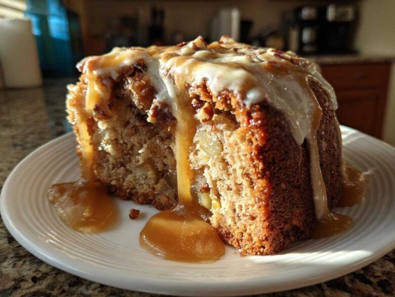 A close-up of a moist slice of apple dapple cake topped with white icing and dripping caramel sauce.