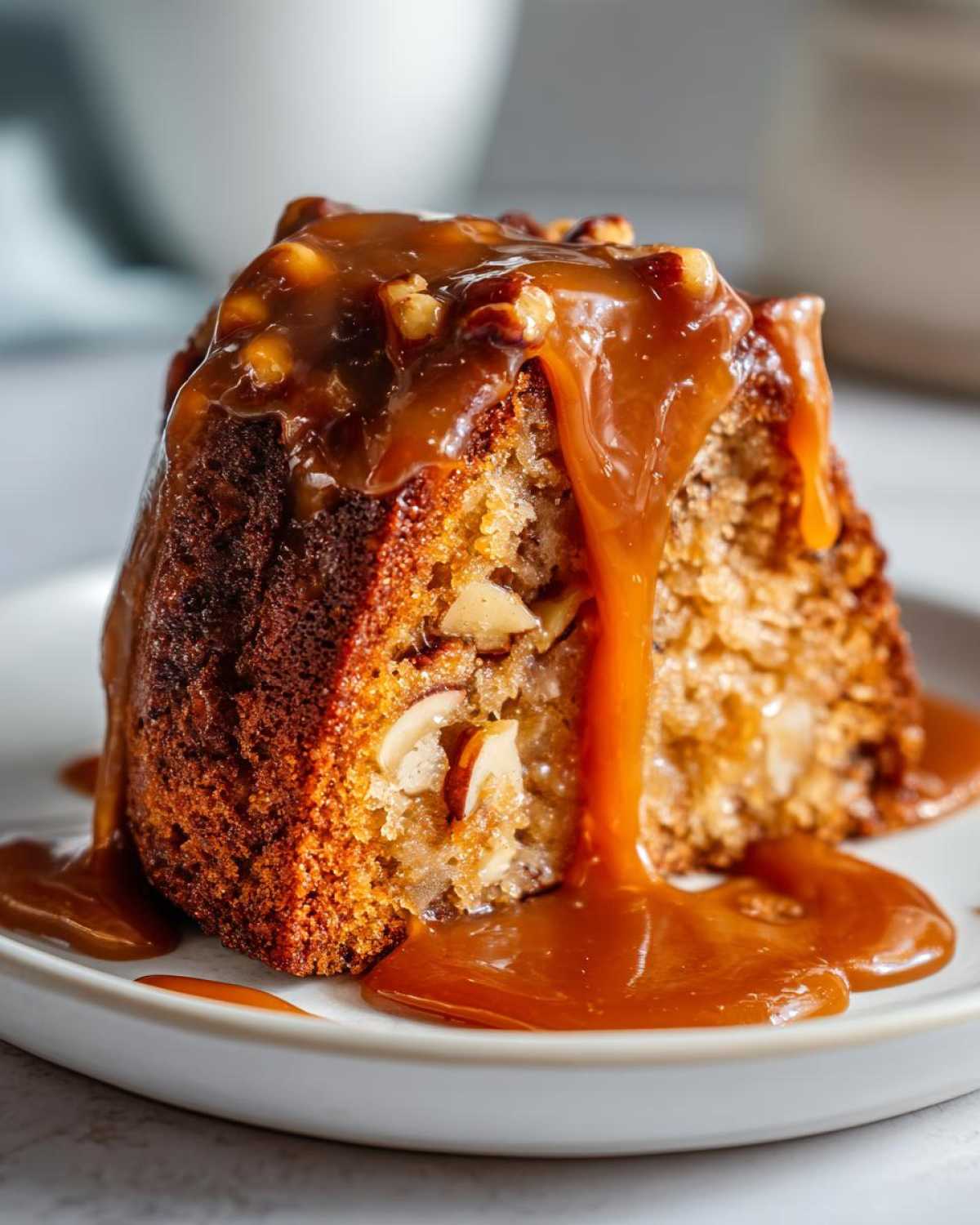 A close-up of a slice of moist apple dapple cake topped with rich caramel sauce and chopped nuts.