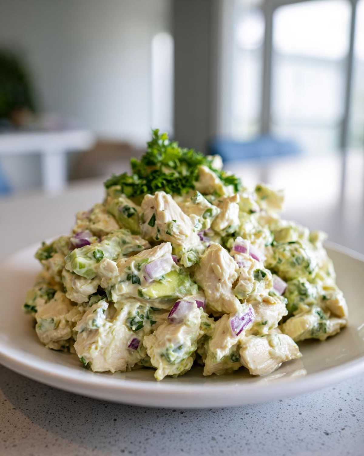 A mound of creamy avocado chicken salad featuring chunks of chicken, avocado, and red onion, garnished with parsley.