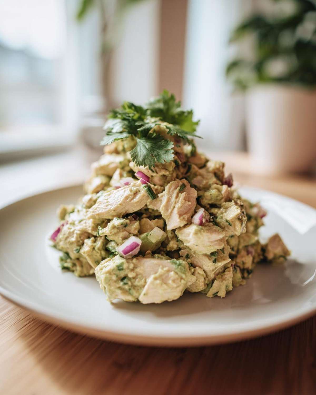 A mound of creamy avocado chicken salad mixed with red onion, topped with fresh cilantro, served on a white plate.