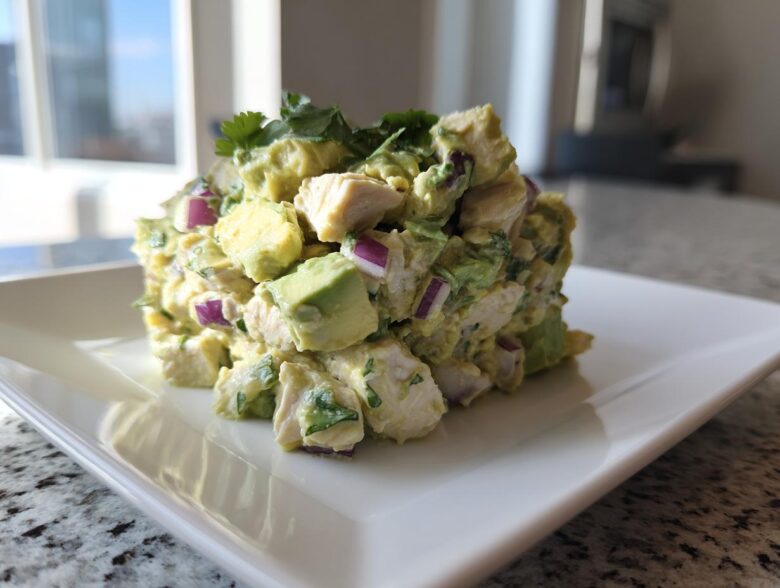 A mound of fresh avocado chicken salad featuring chunks of avocado, chicken, and red onion, garnished with cilantro.