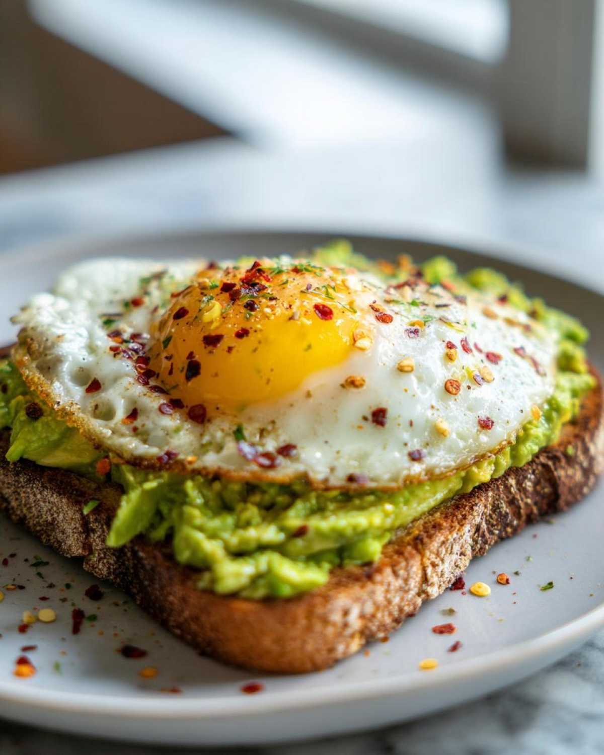 Close-up of a piece of avocado toast topped with smashed avocado and a sunny-side-up egg sprinkled with red pepper flakes.