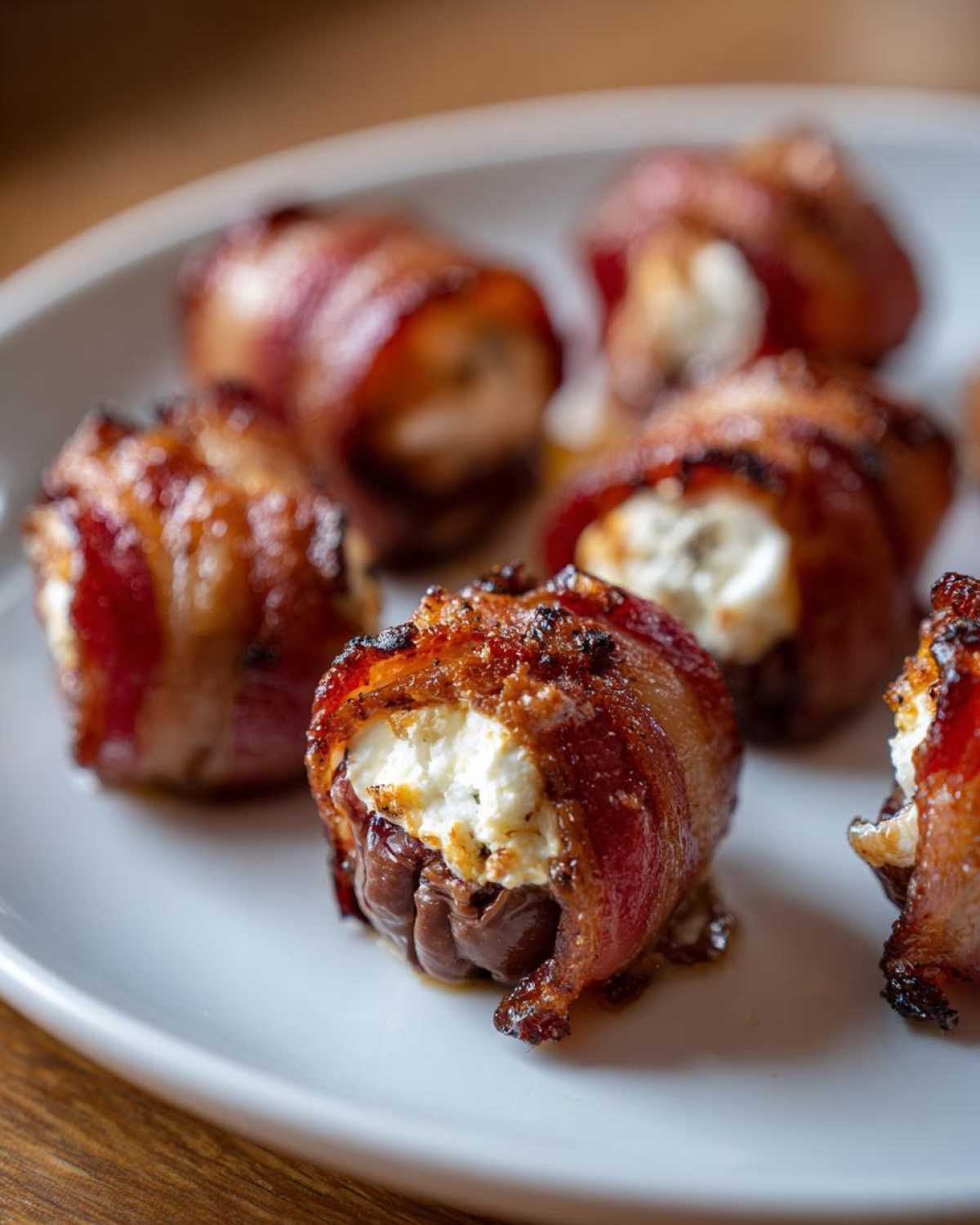 Close-up of crispy bacon wrapped stuffed dates filled with white cheese, served on a white plate.