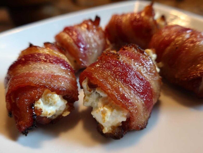 Close-up of crispy bacon wrapped stuffed dates filled with creamy cheese on a white plate.
