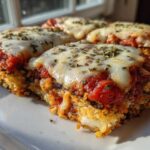 Four slices of golden, breaded eggplant parmesan topped with rich tomato sauce and melted mozzarella cheese.