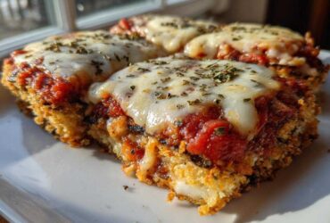 Four slices of golden, breaded eggplant parmesan topped with rich tomato sauce and melted mozzarella cheese.