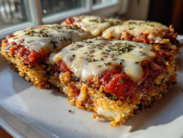 Four slices of golden, breaded eggplant parmesan topped with rich tomato sauce and melted mozzarella cheese.
