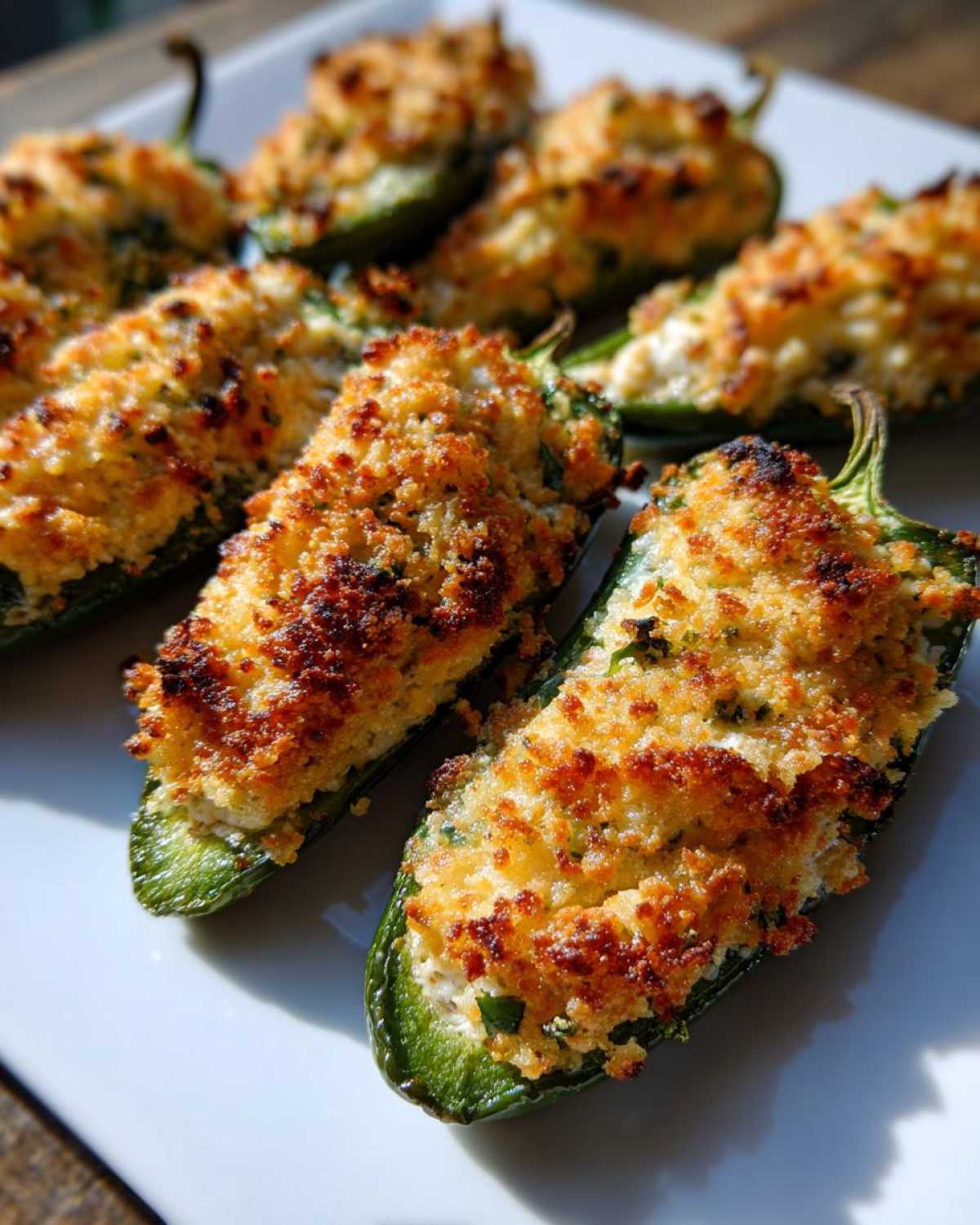 Close-up of several baked Jalapeño poppers, halved and stuffed with a creamy filling and topped with golden-brown breadcrumbs.