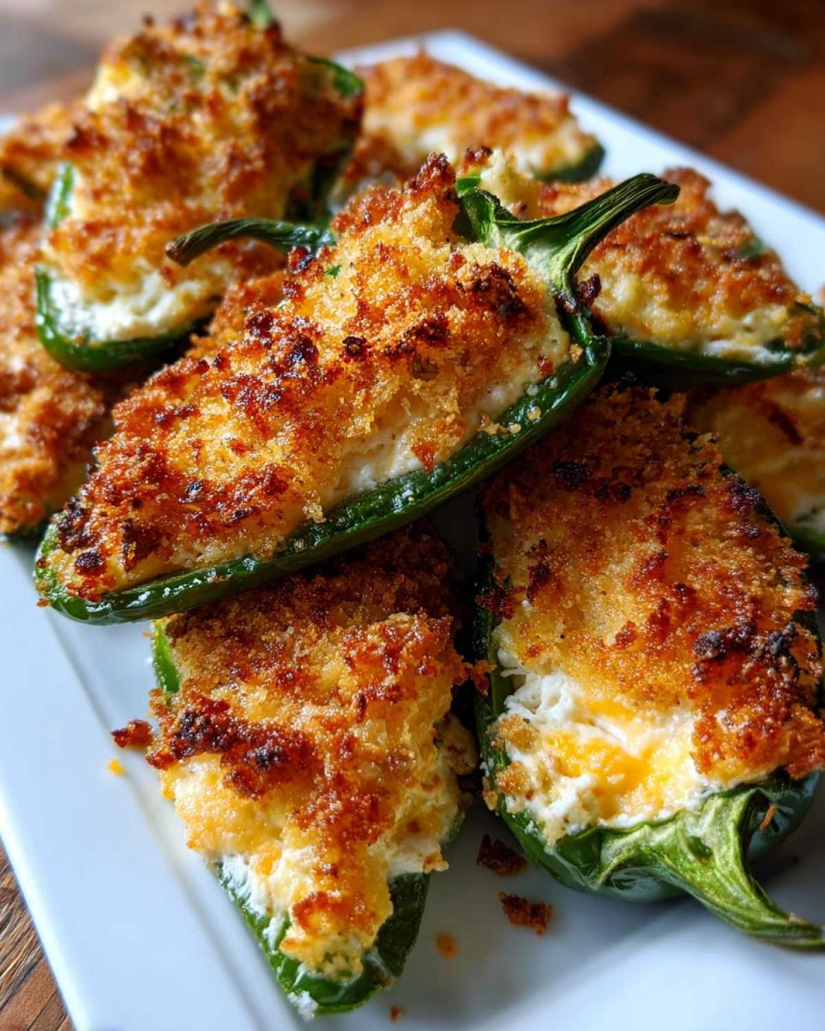 Close-up of several baked Jalapeño poppers stuffed with creamy filling and topped with crispy golden breadcrumbs.