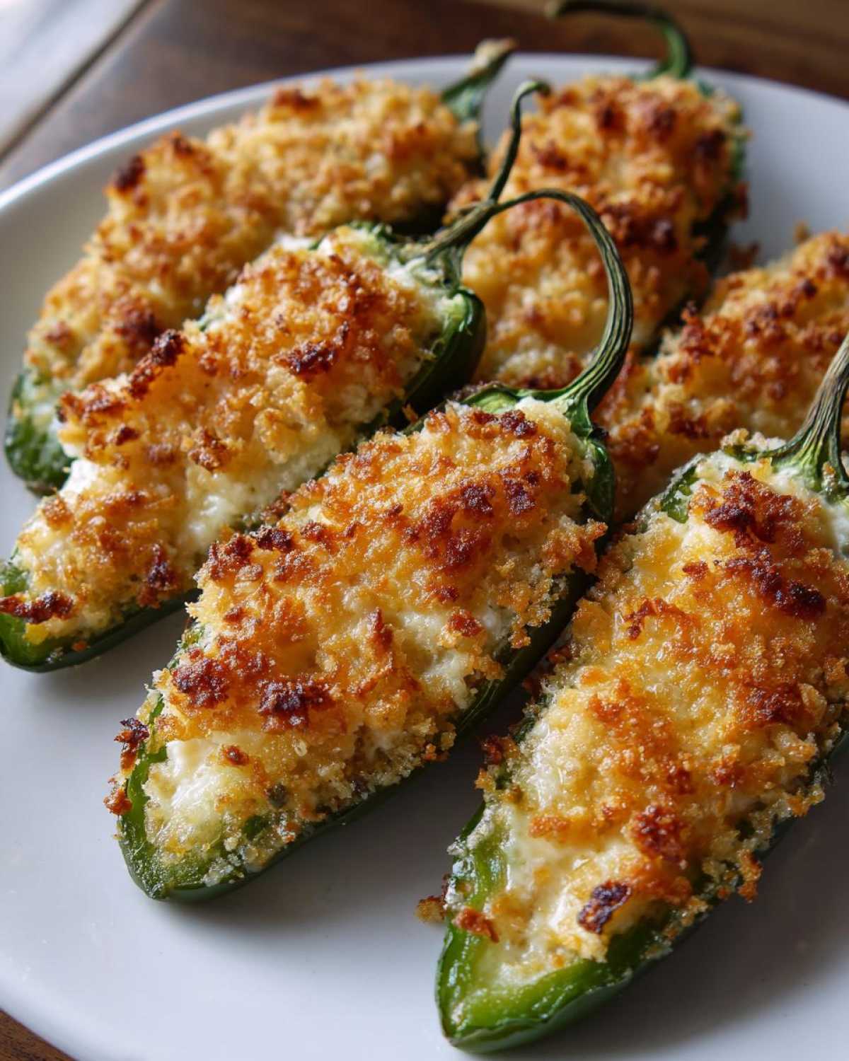 Close-up of several baked jalapeño poppers stuffed with cheese and topped with golden, crispy breadcrumbs.
