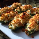 A plate of freshly baked Jalapeño poppers stuffed with cheese and topped with golden brown breadcrumbs.
