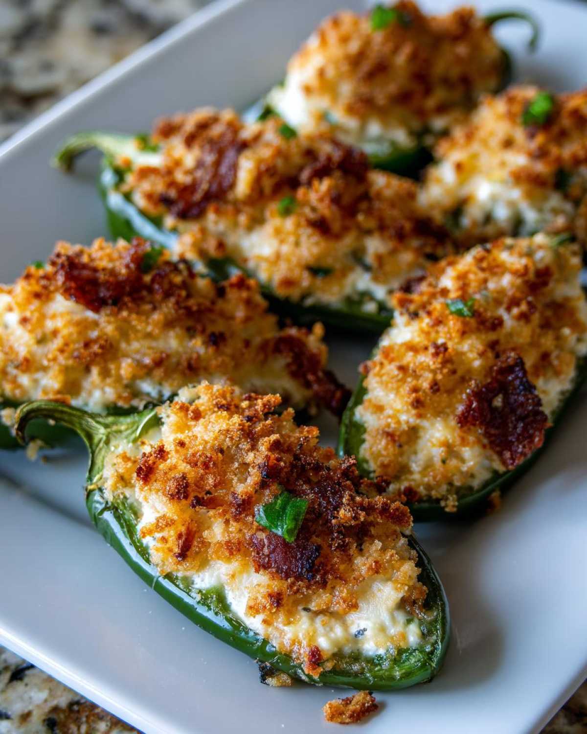 Close-up of baked jalapeño poppers stuffed with creamy filling and topped with golden brown breadcrumbs.