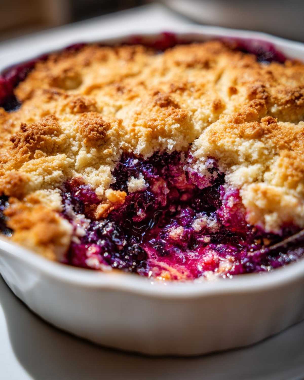 A close-up of a freshly baked mixed berry cobbler showing the bubbling purple fruit filling beneath a golden, crumbly topping.