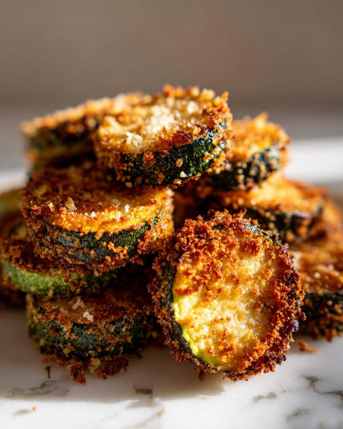 Close-up of a stack of crispy baked parmesan zucchini slices with a golden-brown crust.
