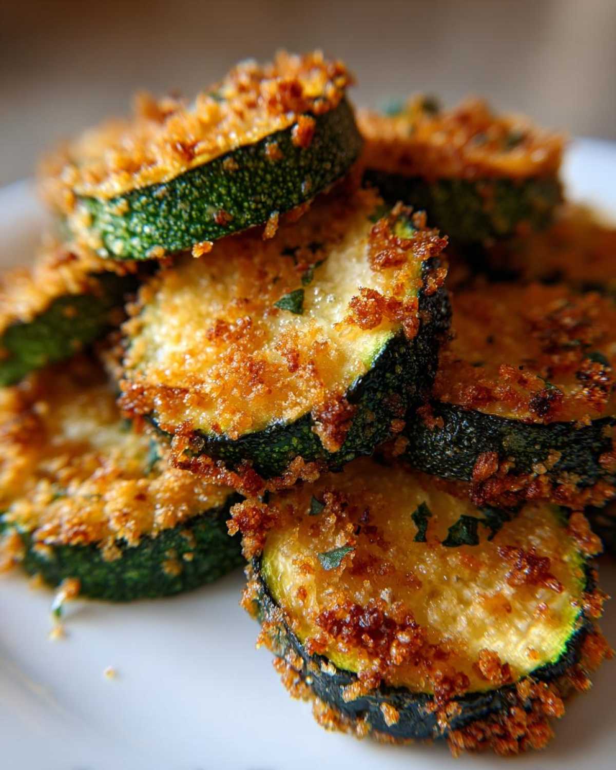Close-up of crispy, golden brown baked parmesan zucchini slices stacked on a white plate.