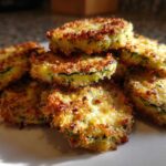 A stack of golden brown, crispy baked parmesan zucchini slices on a white plate.