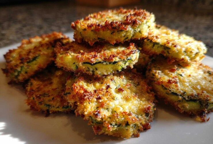 A stack of golden brown, crispy baked parmesan zucchini slices on a white plate.