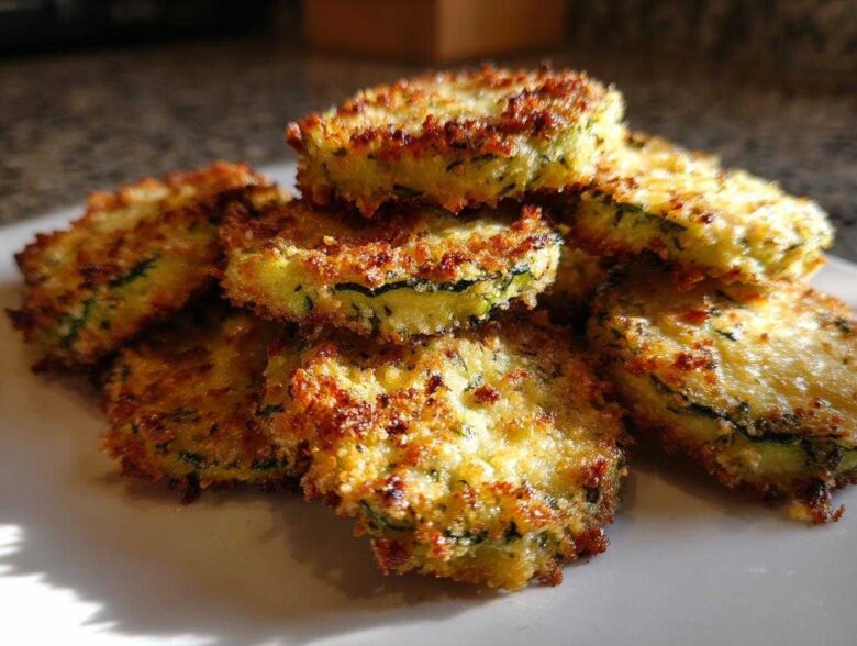 A stack of golden brown, crispy baked parmesan zucchini slices on a white plate.