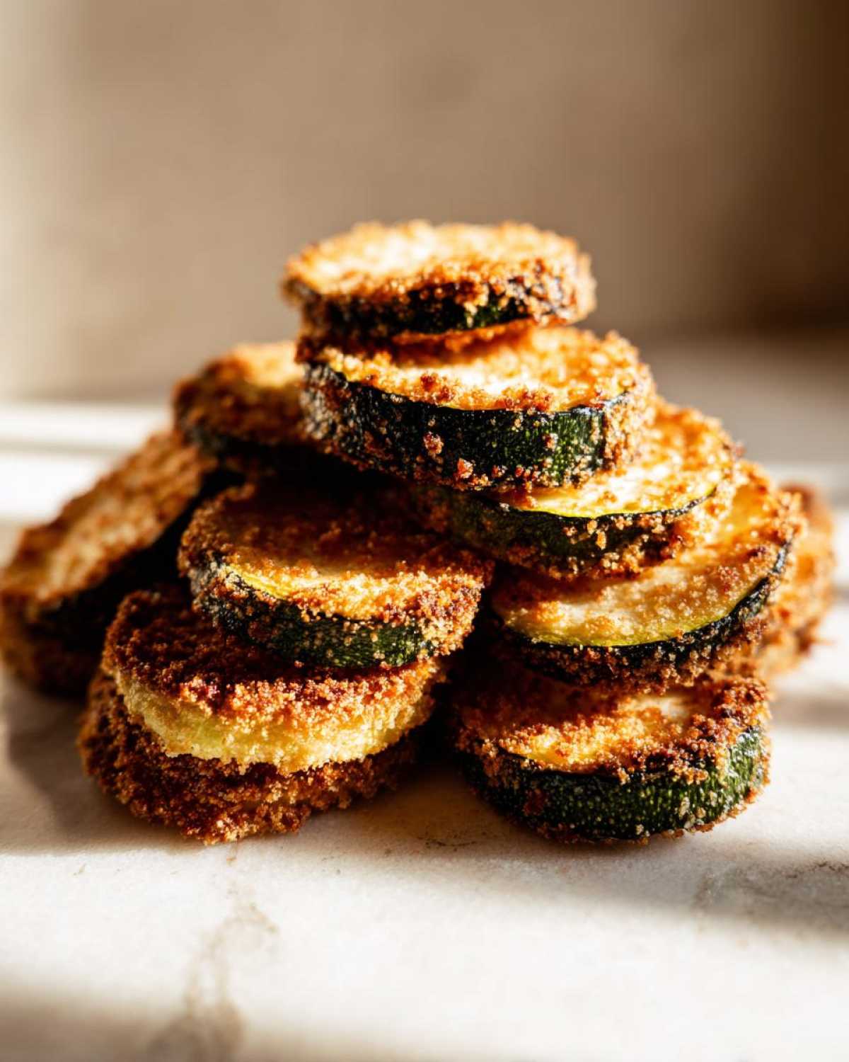 A stack of perfectly golden, crispy baked parmesan zucchini slices on a light surface.